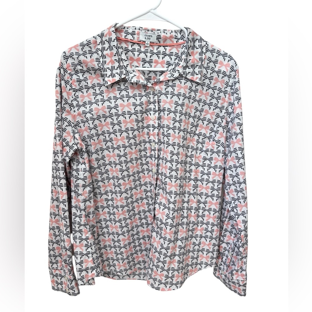 Crown & Ivy Novelty Bow Print Top Women’s Large Button Up 100% Cotton